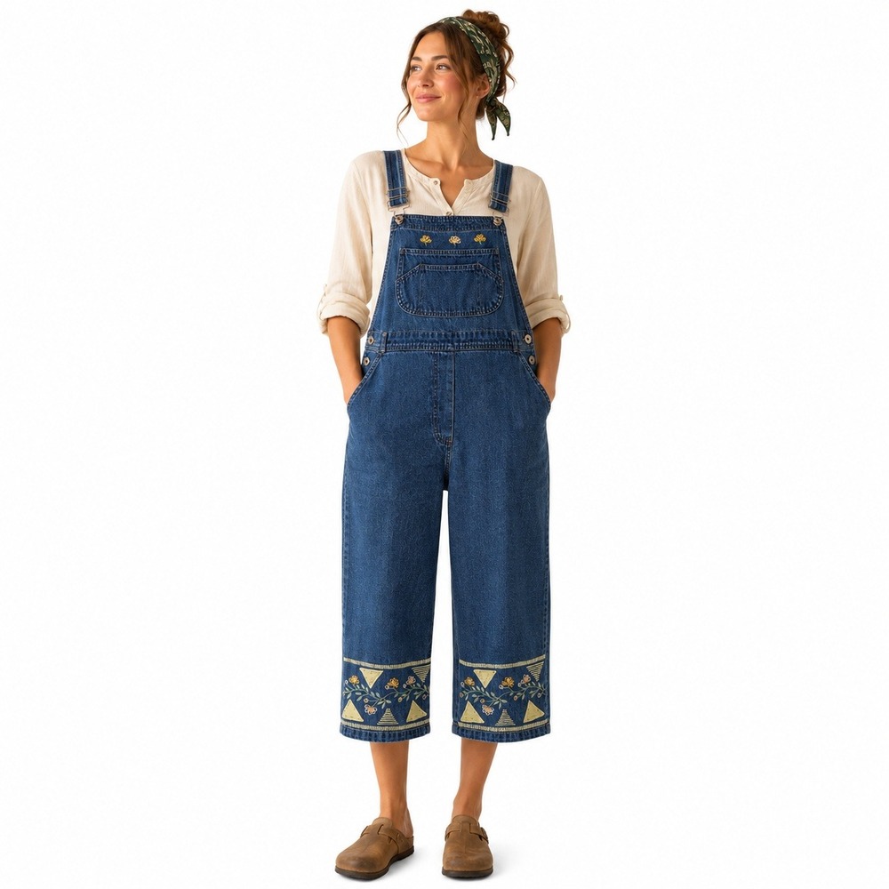 Vintage 90s Agapo Denim Overalls M Embroidered Boho Cropped Cottagecore Garden
